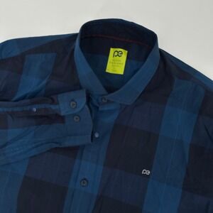 Peter England Perform Mens XXL Blue Navy Buffalo Check Super Slim Athletic Shirt